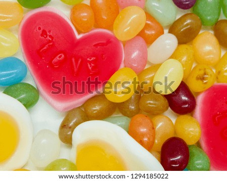 Colorful and lovely collection of sweet jelly(jelly bean, heart shaped jelly, sunny side up egg shaped jelly)