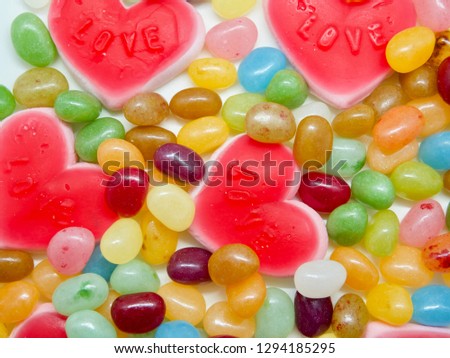 Colorful and lovely collection of sweet jelly(jelly bean, heart shaped jelly, sunny side up egg shaped jelly)