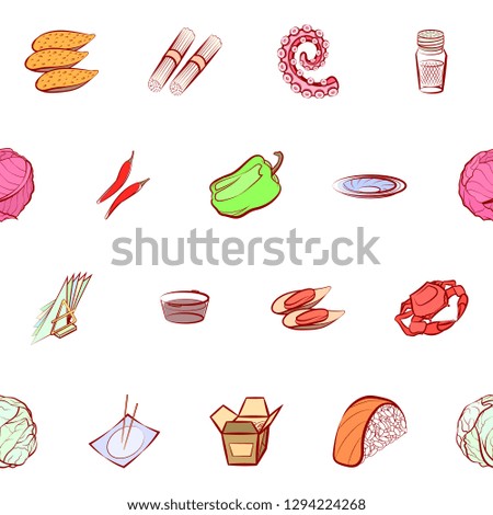 Japanese food, Seafood, Table setting and Vegetables set. Background for printing, design, web. Usable as icons. Seamless. Colored.