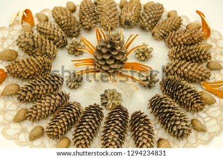 Embroidered white napkin covered with an oval frame with a pattern of cones of different breeds, snowflakes, orange peel and almonds on the edges on a white background