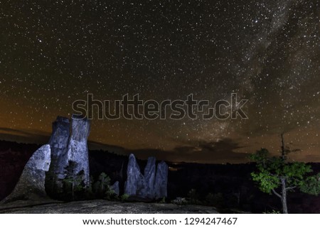 Mysterious rock formations under the constellations of stars and the Milky Way.