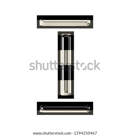 Black and white striped shiny glass letter I in a 3D illustration with glossy metallic highlights in a stencil style font isolated on white with clipping path