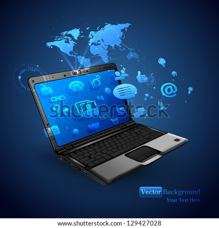 illustration of application coming out of laptop on abstract vector background