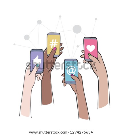 Social Media Interaction. Female hands holding smartphones with social network apps icons. Online communication and connection. Isolated vector illustration. Royalty-Free Stock Photo #1294275634
