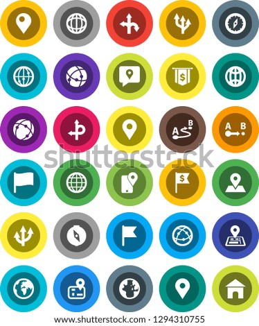 White Solid Icon Set- compass vector, world, flag, dollar, route, navigator, earth, map pin, traking, internet, connection, globe, arrow, home