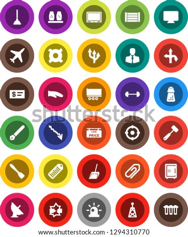 White Solid Icon Set- plunger vector, scoop, cook glove, spatula, meat hammer, hand mill, spices, pen, crisis, safe, any currency, barbell, route, plane, client, truck trailer, wood box, barcode, tv