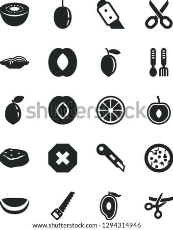 Solid Black Vector Icon Set - scissors vector, mark of injury, iron fork spoons, arm saw, knife, stationery, pizza, slices onion, piece meat, plum, half mango, peach, cherry, passion fruit, lemon