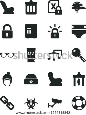 Solid Black Vector Icon Set - spectacles vector, toys over the cot, diaper, Baby chair, car child seat, winter hat, warm, helmet, dust bin, lock, key, encrypting, glasses, biohazard, security gate