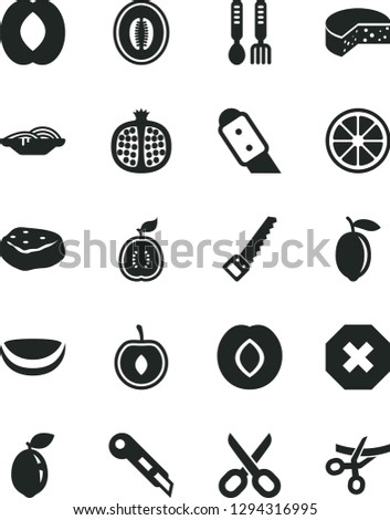 Solid Black Vector Icon Set - scissors vector, mark of injury, iron fork spoons, arm saw, knife, stationery, cheese, slices onion, piece meat, half pomegranate, plum, peach, melon, cherry, lemon