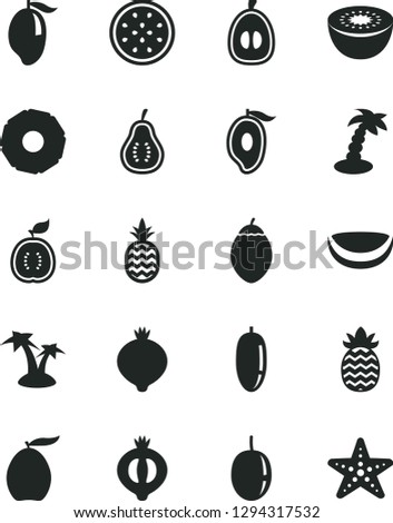 Solid Black Vector Icon Set - a pineapple vector, medlar, half of, mango, loquat, date fruit, passion, kiwi, tamarillo, guawa, piece coconut, slice, part guava, palm tree, starfish