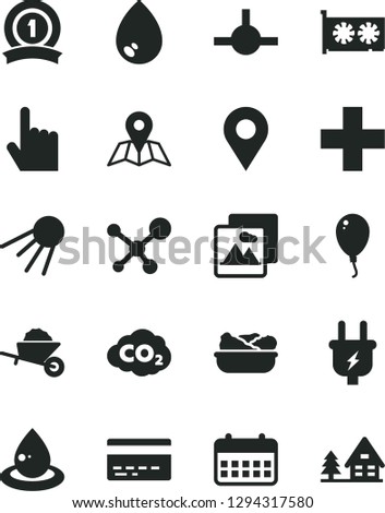 Solid Black Vector Icon Set - bank card vector, plus, balloon, garden trolley, index finger, picture, drop, map, artificial satellite, lettuce in a plate, plug, of oil, carbon dyoxide, location, gpu