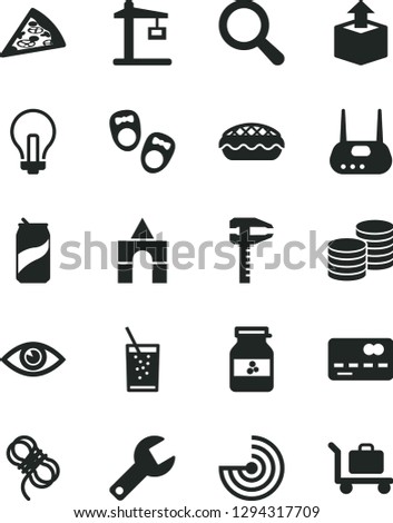 Solid Black Vector Icon Set - repair key vector, incandescent lamp, magnifier, box of bricks, shoes for little children, hawser, eye, coins, unpacking, piece pizza, apple pie, a glass soda, can