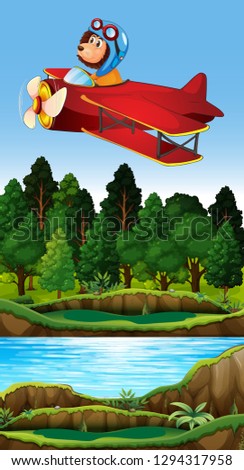 Lion riding vintage plane illustration