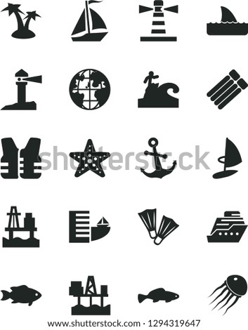 Solid Black Vector Icon Set - anchor vector, small fish, sea port, commercial seaport, lighthouse, coastal, planet, sail boat, hotel, palm tree, starfish, flippers, surfing, life vest, cruiser
