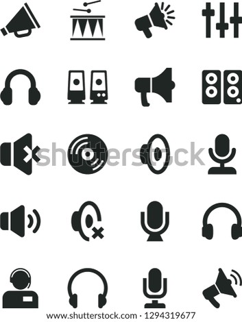 Solid Black Vector Icon Set - desktop microphone vector, horn, loudspeaker, silent mode, drumroll, headphones, CD, volume, no sound, operator, megaphone, pc speaker, settings