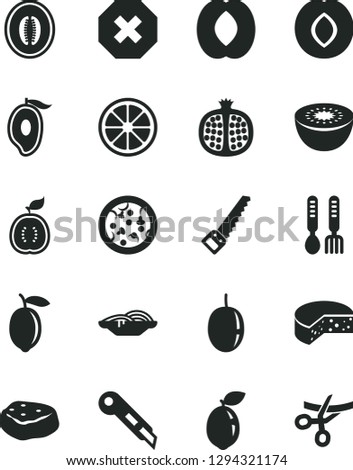 Solid Black Vector Icon Set - mark of injury vector, iron fork spoons, arm saw, stationery knife, cheese, pizza, slices onion, piece meat, half pomegranate, plum, mango, peach, melon, passion fruit