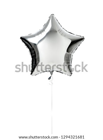Metallic big silver star balloon object for birthday party or valentines day isolated on a white background