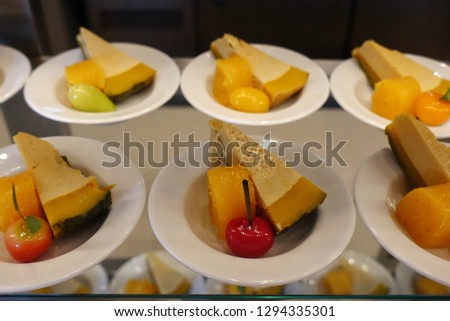 Thai dessert, Sweet egg custard in pumpkin on white dish with 