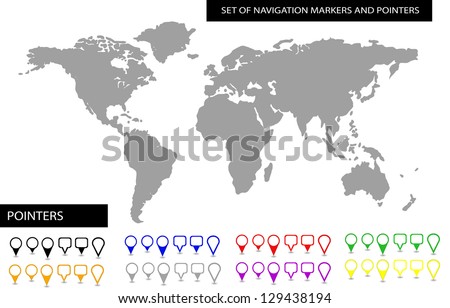 World map with set of blank colorful pointers and markers vector
