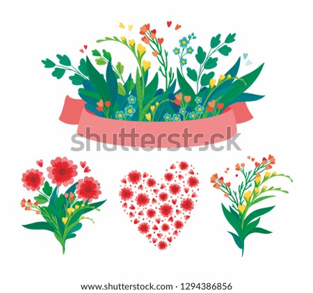 Set of flower elements for Valentine's Day or wedding invitation. 
Vector flower heart, ribbon with flowers and flower compositions.
