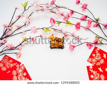 Decoration Pig 2019 Chinese New Year on white background, Empty space for design, Chinese characters translation: "FU".chinese wording mean good bless, Empty space for design