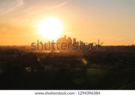 Downtown Los Angeles Cityscape at Sunset Royalty-Free Stock Photo #1294396384