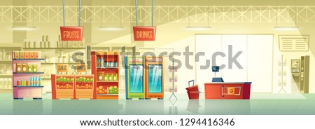 Vector background of empty supermarket at morning, lines with merchandise. Place for retail, mall interior with fridges, stands and shelves. Grocery store, shop with signboard and pointer inside. Royalty-Free Stock Photo #1294416346