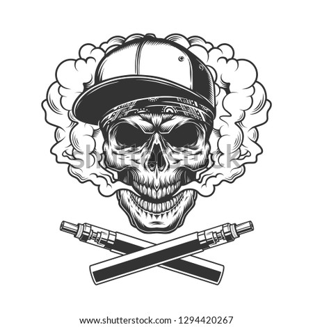 Monochrome hipster skull in smoke cloud with crossed vaporizers in vintage style isolated vector illustration