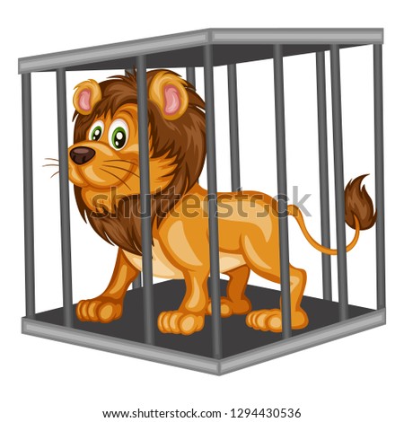 Cute Cartoon Lion Inside Steel Cage. Animals in the Cage. Isolated on White Background Royalty-Free Stock Photo #1294430536