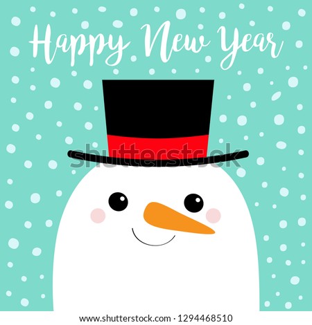 Happy New Year. Snowman face head. Carrot nose, black hat. Cute cartoon funny kawaii character. Blue winter snow background. Merry Christmas. Greeting card. Flat design.