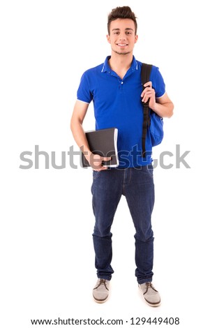 Young happy student posing isolated over white background Royalty-Free Stock Photo #129449408
