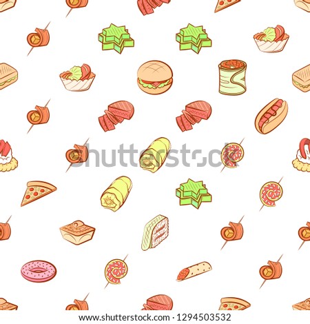 American food and Snacks set. Background for printing, design, web. Usable as icons. Seamless. Colored.