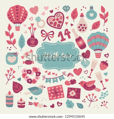 Set of Valentine's Day design elements with hot air balloon, bouquet, bird, present, champagne, candy, candles, bottles, branches, leaves, ring and hearts. Perfect for party decorations.