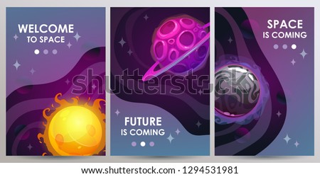 Vertical space banners set. Cosmic illustrations for book cover, poster, brochure, flyer, web page design. Vector typography templates with cartoon spaceships
