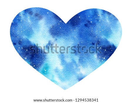 Hand painted watercolor galaxy illustration in shape of a heart isolated on the white background. Isolated objects perfect for Valentine's day invitation or romantic post cards.