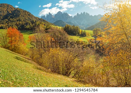 Funes Valley at the Dolomites alps. Autumn time in mountains