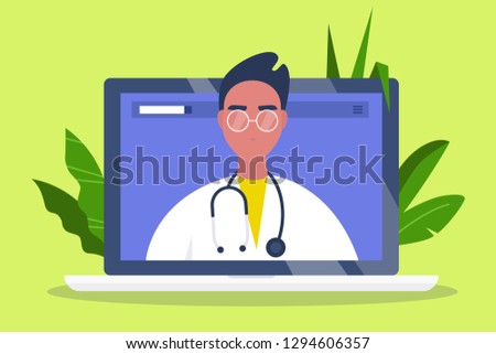 Doctor appointment. Online consultation. Modern healthcare technologies. Hospital. Millennial male therapist. Flat editable vector illustration, clip art
