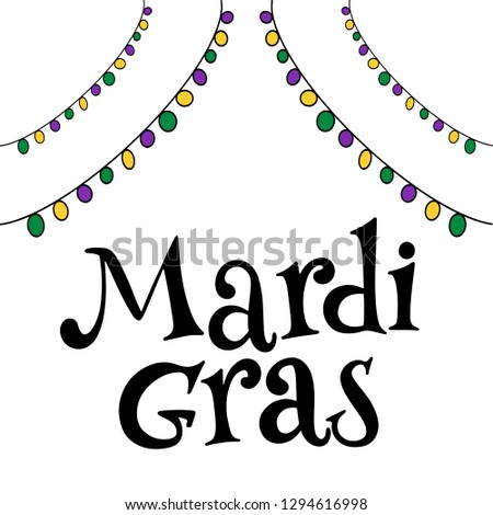Vector hand drawn lettering illustration eps10 for Mardi gras carnival poster, brochure, logo, greeting card, party invitation with fat tuesday mask with feathers in purple, gold, yellow, green colors