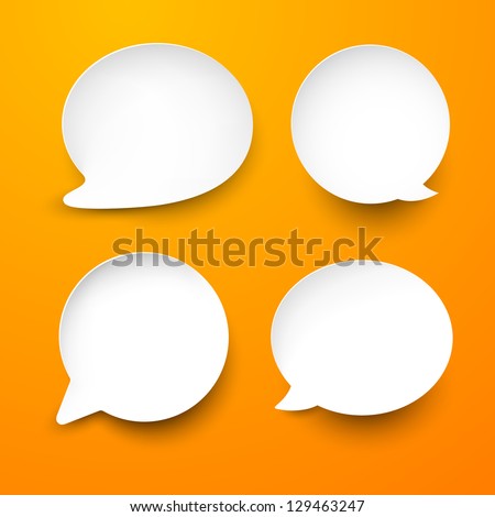 Vector abstract illustration of white paper rounded speech bubbles on orange background. Eps10.