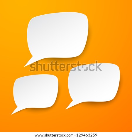 Vector abstract illustration of white paper speech bubbles on orange background. Eps10.