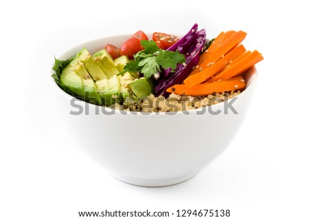 Vegan Buddha bowl with fresh raw vegetables and quinoa isolated on white background. 