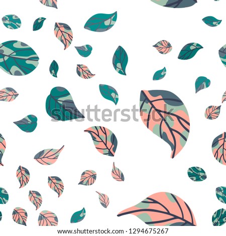 Tropical leaves, jungle leaf seamless pattern on white background.  Vector illustration in trendy style. 