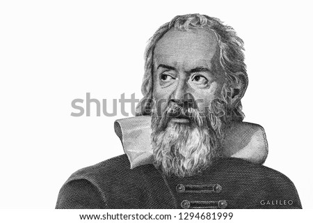 Galileo Galilei from Italy money. Genius inventor, philosopher, astronomer, mathematician. Famous scientist in physics and astronomy, discoverer of telescope. Close Up  Royalty-Free Stock Photo #1294681999