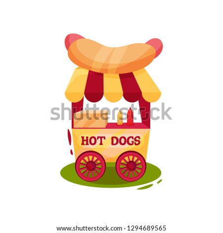 Small carnival cart with hot dogs. Vending trolley. Fast food. Circus and amusement park theme. Flat vector design