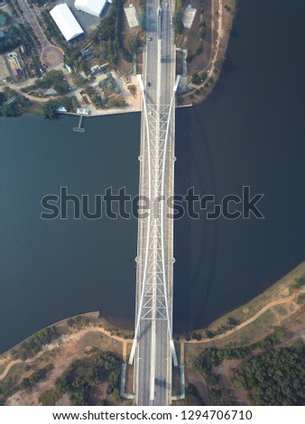 Top down aerial view perspective of one of the bridges in the planned city of Putrajaya, Malaysia.