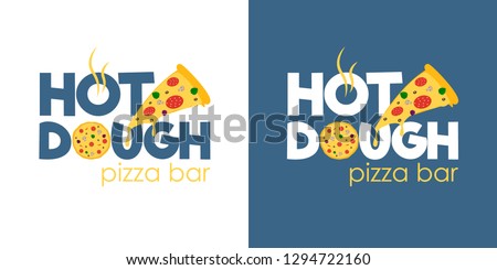 
Vector colorful logo for pizzeria. On a white background and a blue background. Includes a title, subtitle, a whole pizza and a slice of pizza. Suitable for bars, cafes and fast food places.