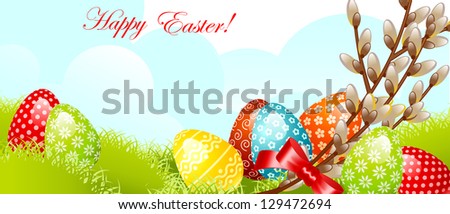 happy easter  invitation. easter egg with flower pattern on grass and branch willow. raster version