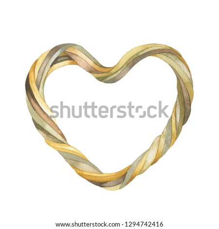 Watercolor straw frame in heart shape isolated on white background. Rustic collection for design, wedding, card, invitation and more