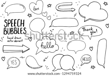 Hand drawn doodle speech bubbles set with accentuation, filled with example texts: " Yes!,Thank you, Hello, Love". Vector illustration.