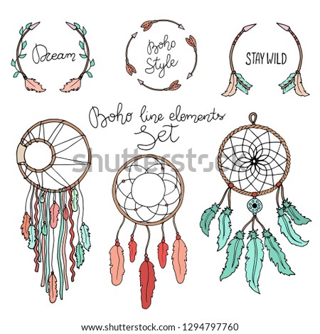 Hand drawn boho dream catcher, arrows and feathers, tribal pattern in indian style. Boho set in red and turquoise. Ethnic bohemian flourish tattoo.